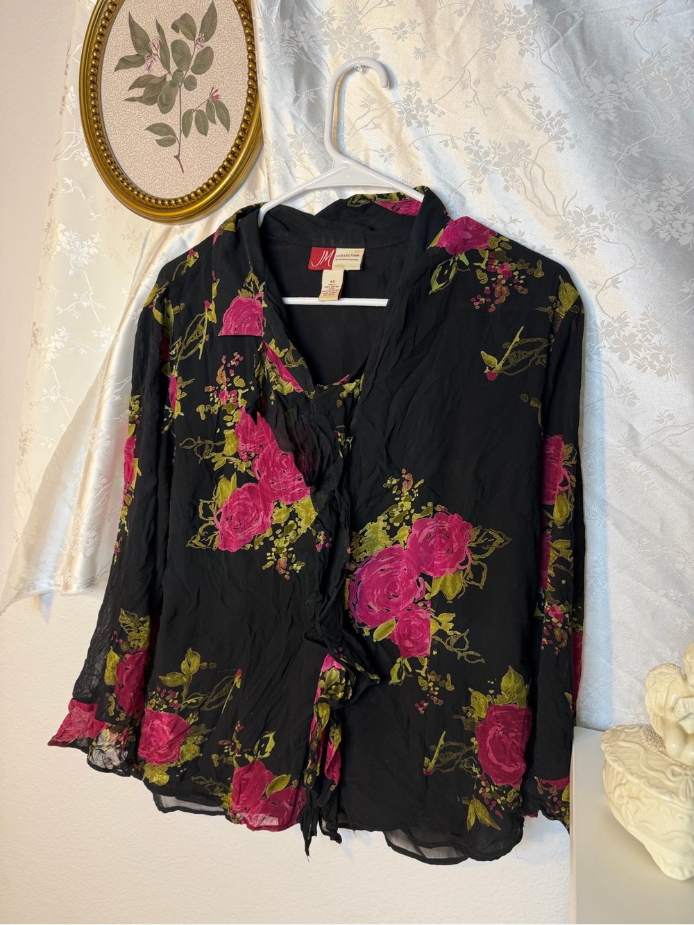 Women's Black Floral Ruffle Blouse with Pink Roses